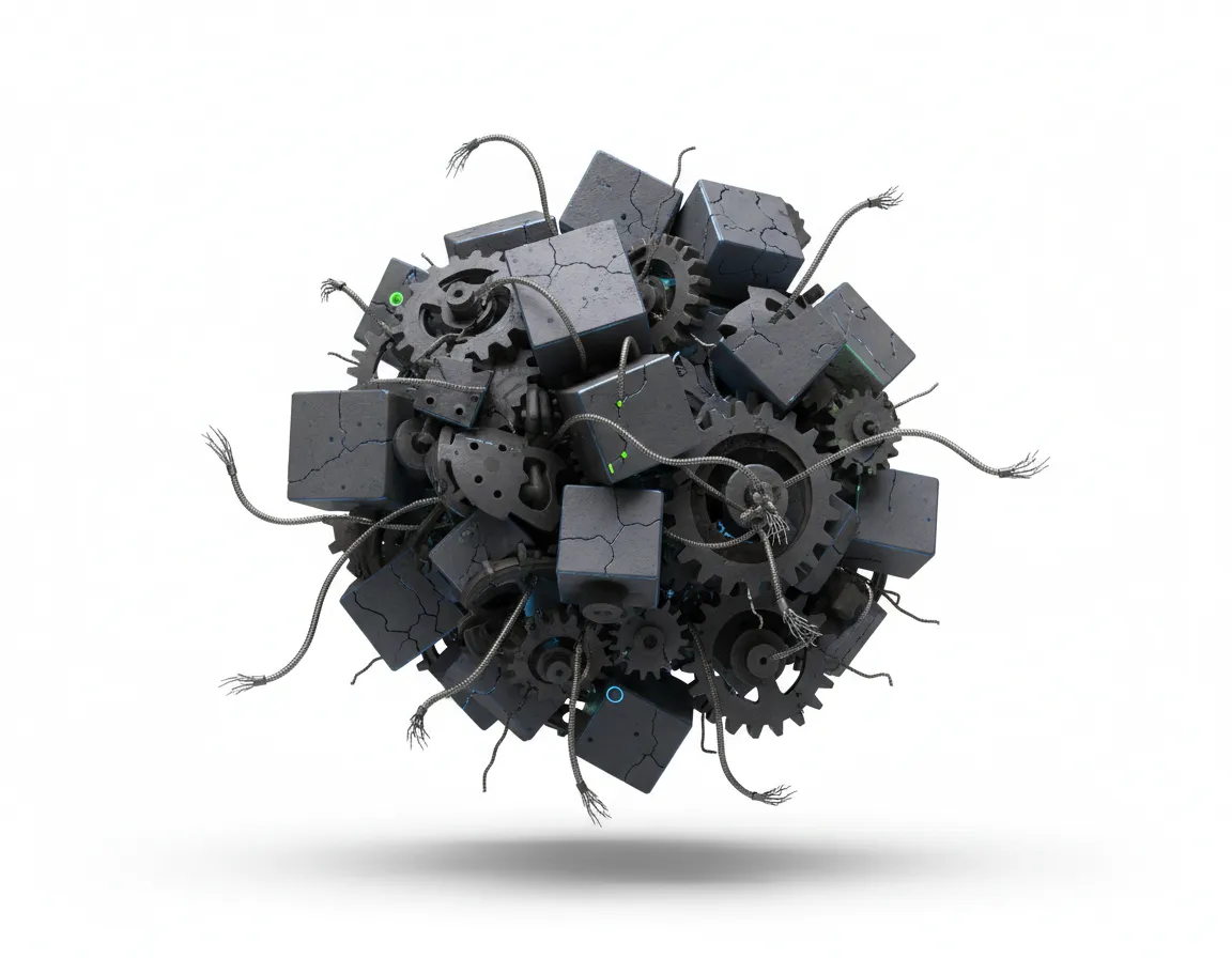 Complex messy configuration diagram illustrating difficult software setup