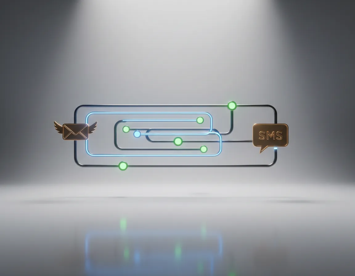 Visual automation workflow showing SMS and email logic triggers