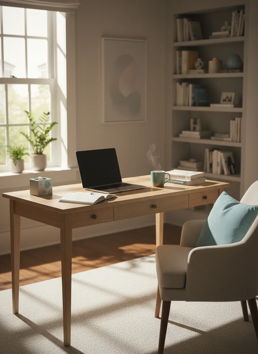 A quiet home office workspace highlighting the isolation of remote work