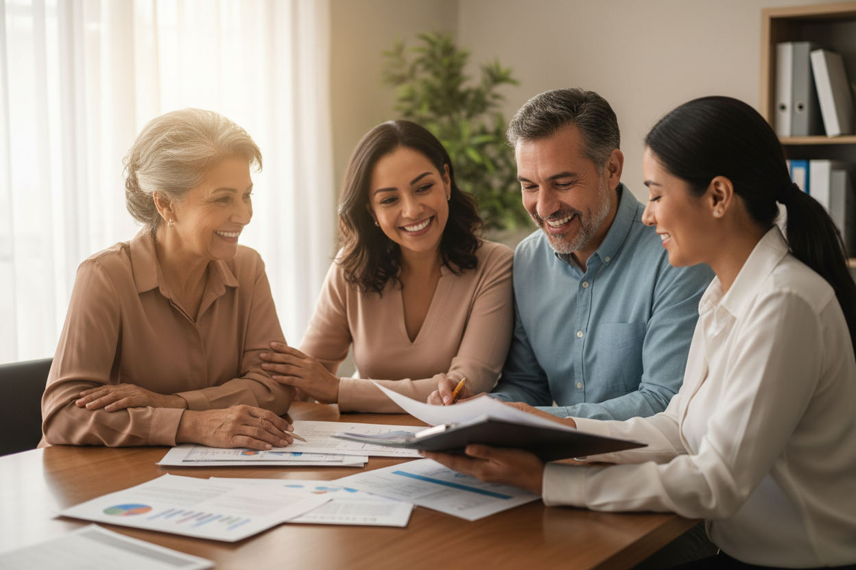 Latin American multigenerational family and real estate consultant reviewing documents