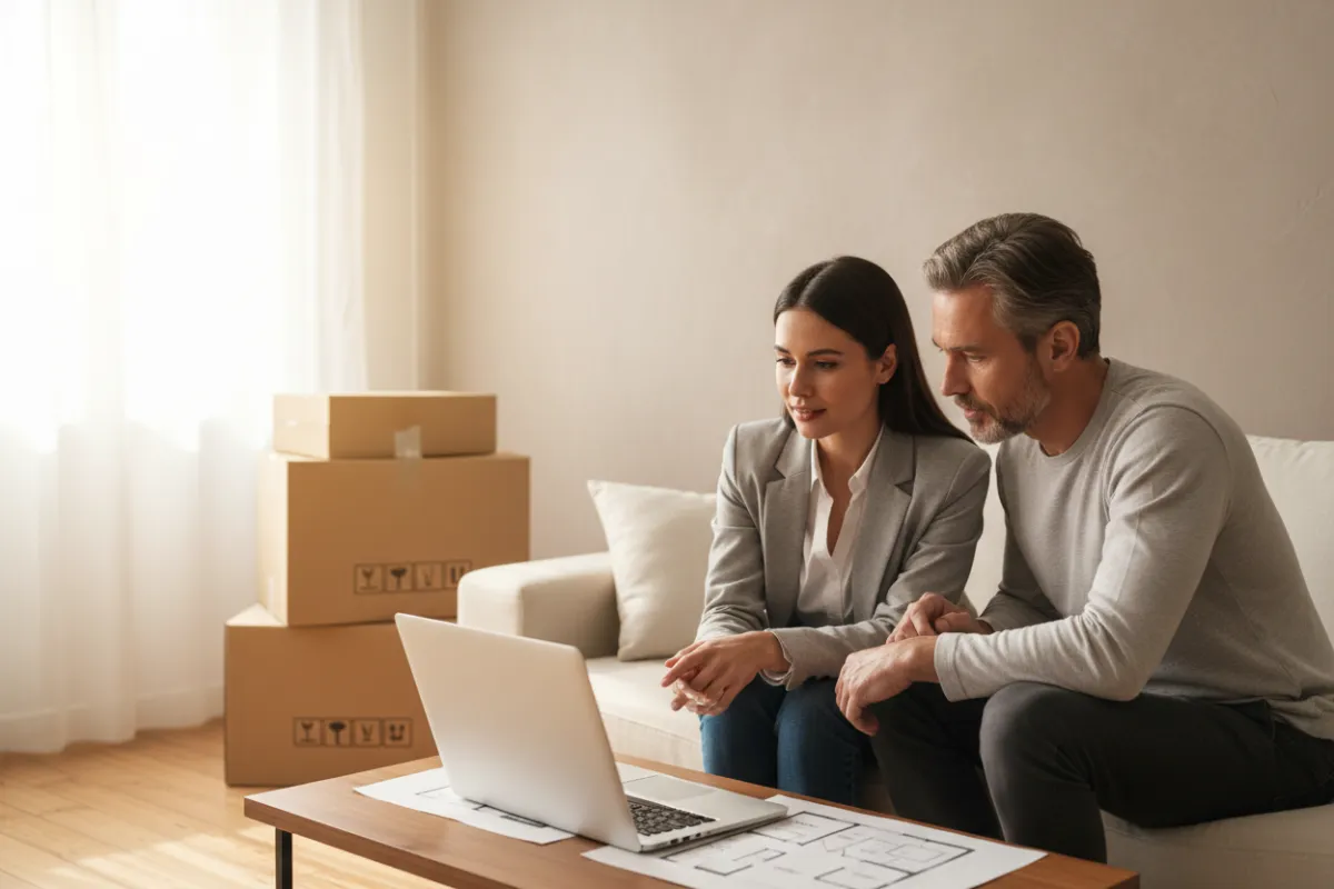 Homeowner consulting with a real estate agent about relocating; light background suitable for black text