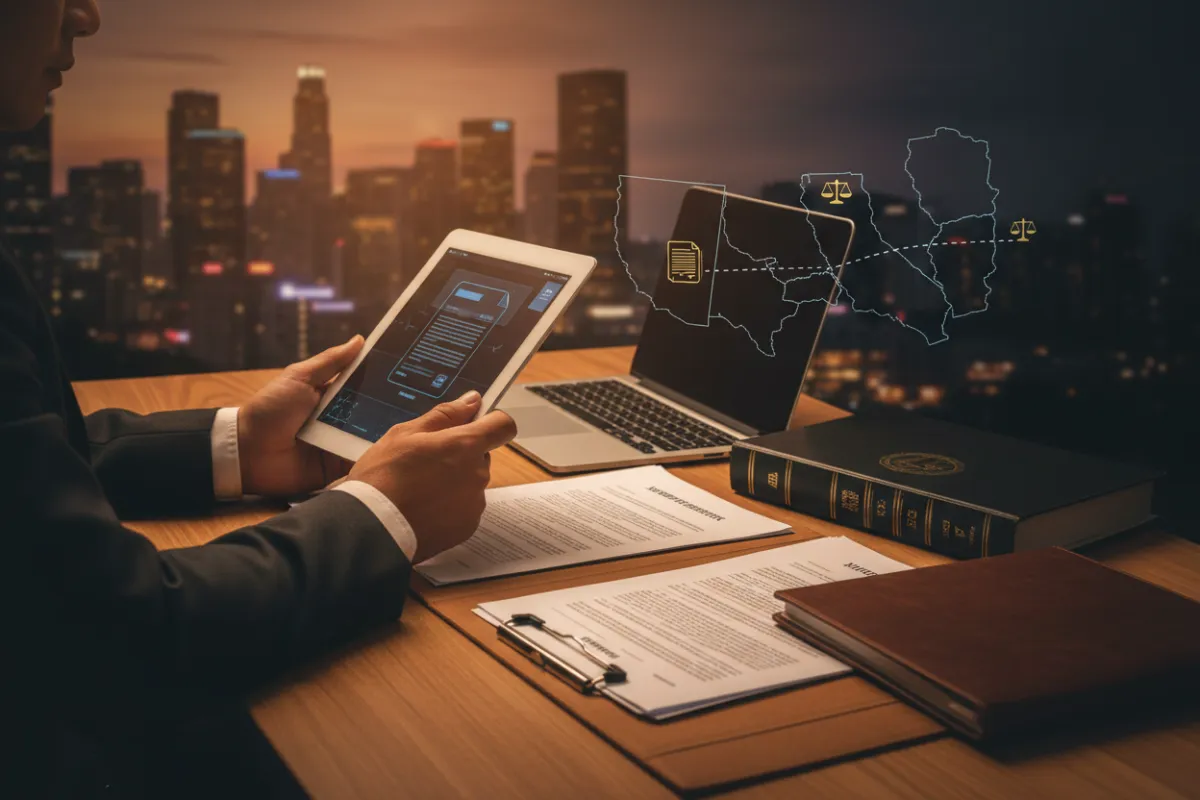 Out-of-state probate support: person managing probate documents remotely with a map or city skyline to indicate another city/state