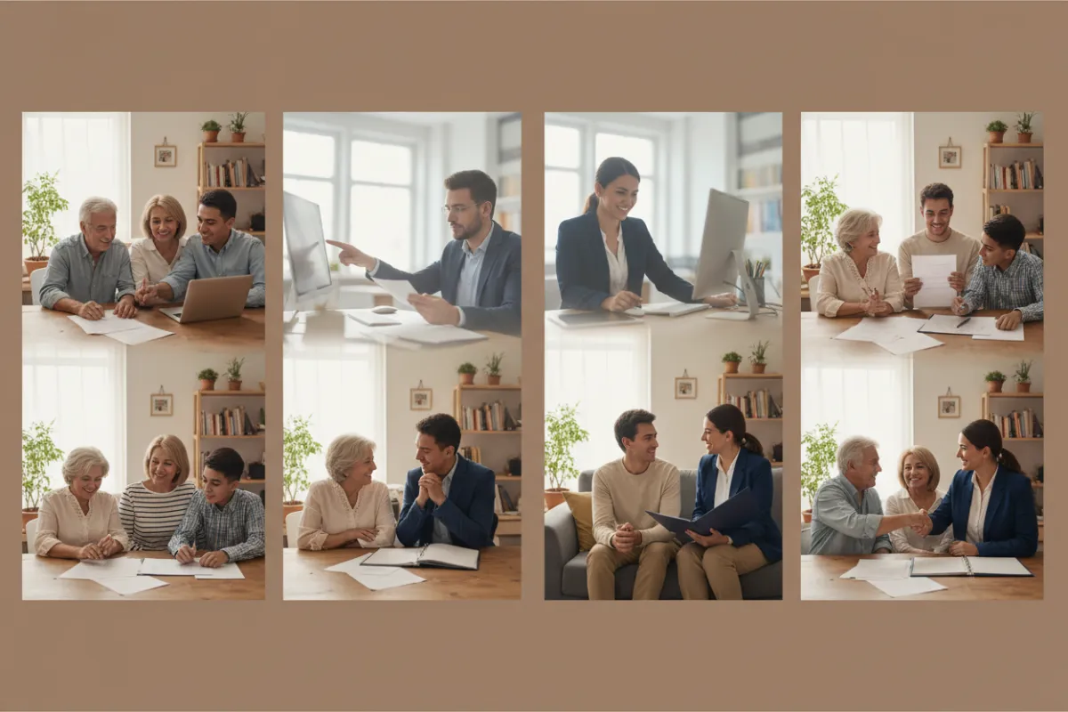 Latin American family meeting with a real estate consultant, illustrating property submission, internal review, follow-up conversation, and decision-making; staged, friendly scene