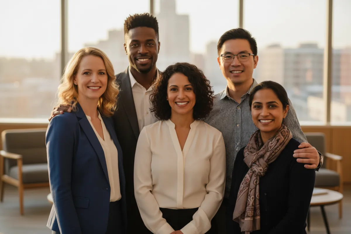 Photorealistic team photo of a diverse professional group — White, African American, and Hispanic individuals — collaborating in an office, each person distinct and unique