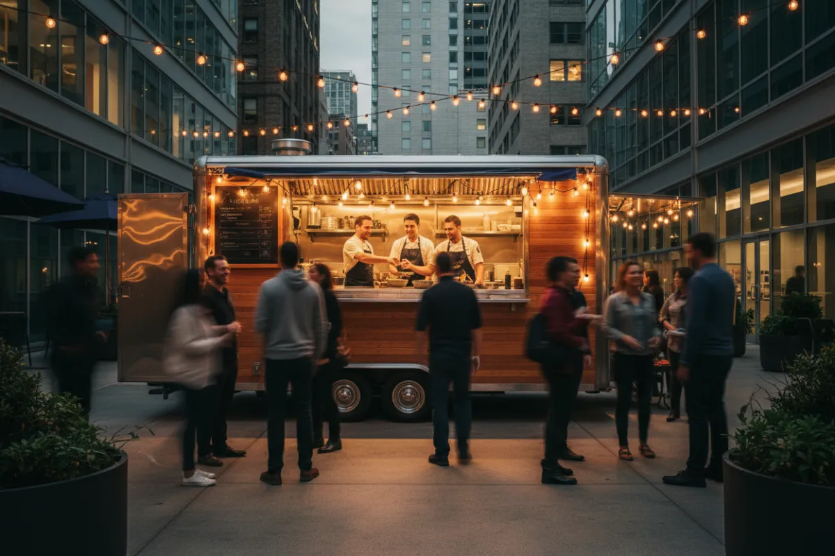 A vibrant food truck serving a crowd of people in the courtyard