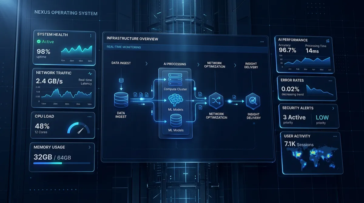 Monochromatic high-tech system dashboard depicting verified client metrics and architectural outcomes