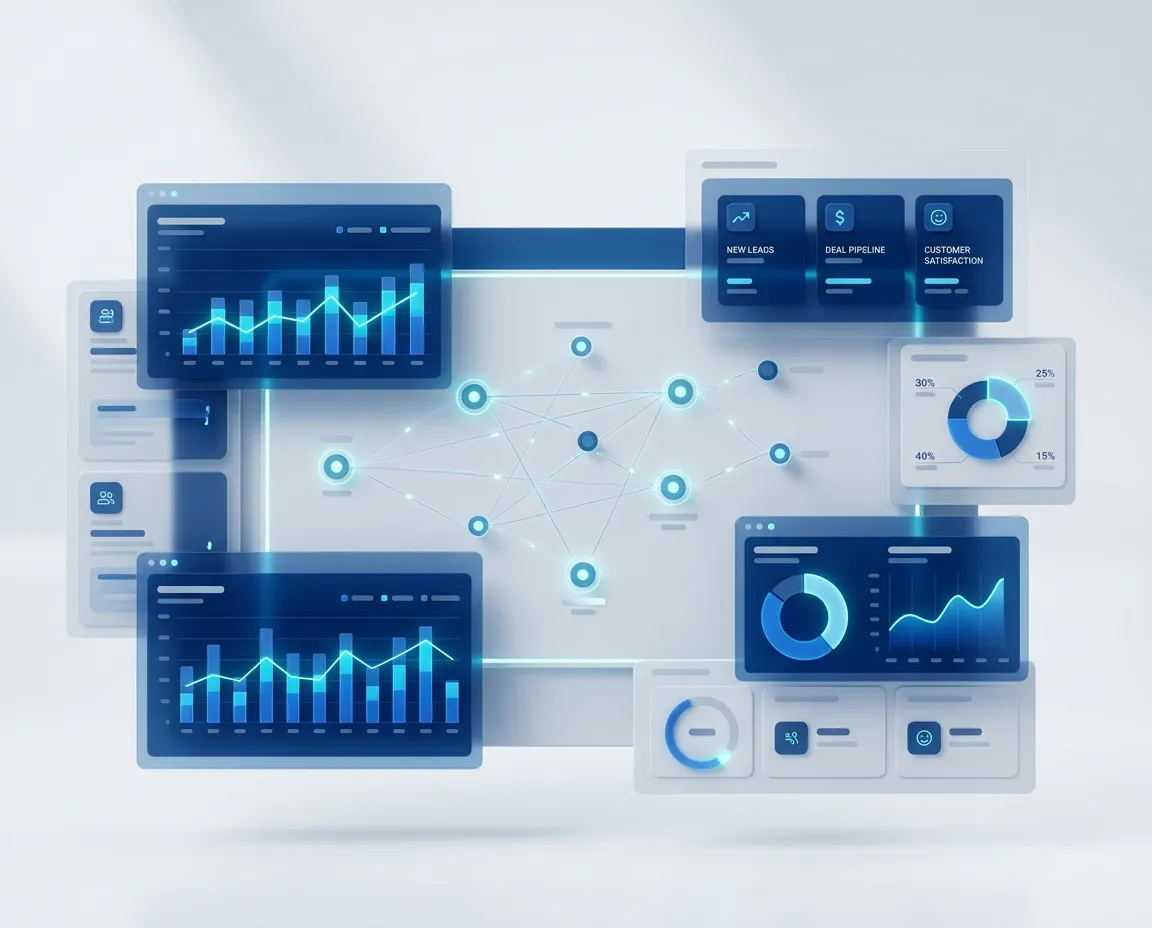 Layered dashboard preview showing connected CRM and software ecosystem telemetry