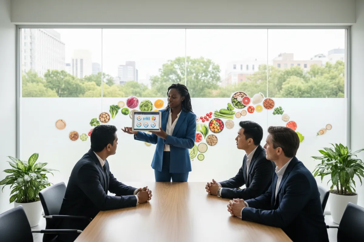 A diverse group of nutritionists in a modern consultation room, one presenting with a tablet, others listening attentively. The setting is bright and professional, with natural light, glass walls, and healthy food visuals in the background, conveying expertise and approachability.