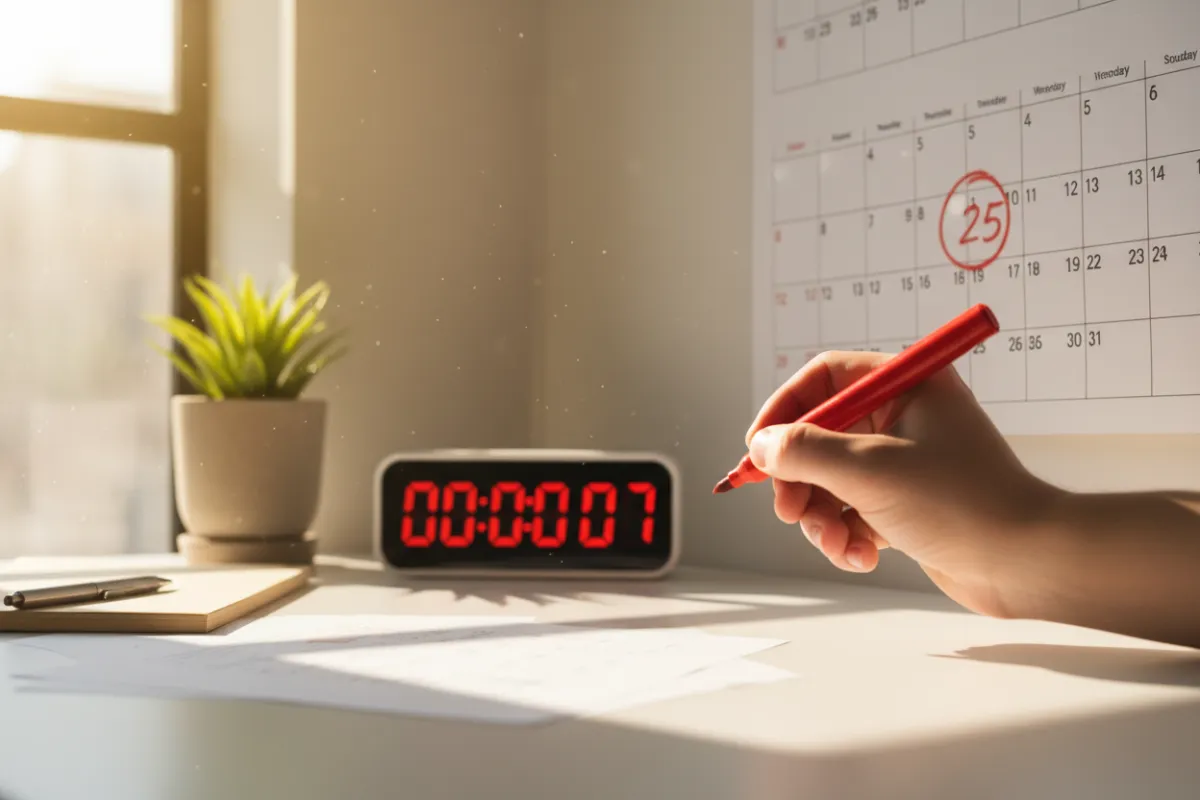 A hand marking a calendar with a red circle around a date, digital clock in the background showing urgency.