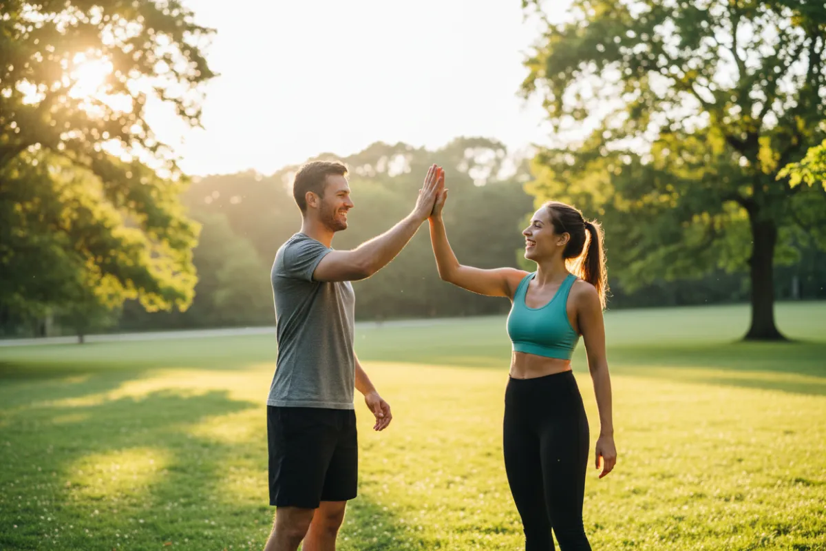 A candid moment of a man and woman high-fiving after a workout in a sunlit park, both wearing athletic gear and smiling. The background features green trees and open space, symbolizing achievement, partnership, and the positive results of a healthy lifestyle.