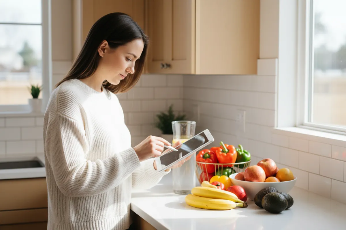 A young woman filling out a form on a tablet at a kitchen counter, surrounded by fresh fruits and vegetables.