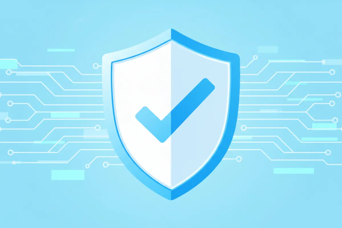 A stylized shield icon with a checkmark, set against a background of abstract data streams. The image conveys digital security and privacy, with cool blue and white tones, and no identifiable individuals present.