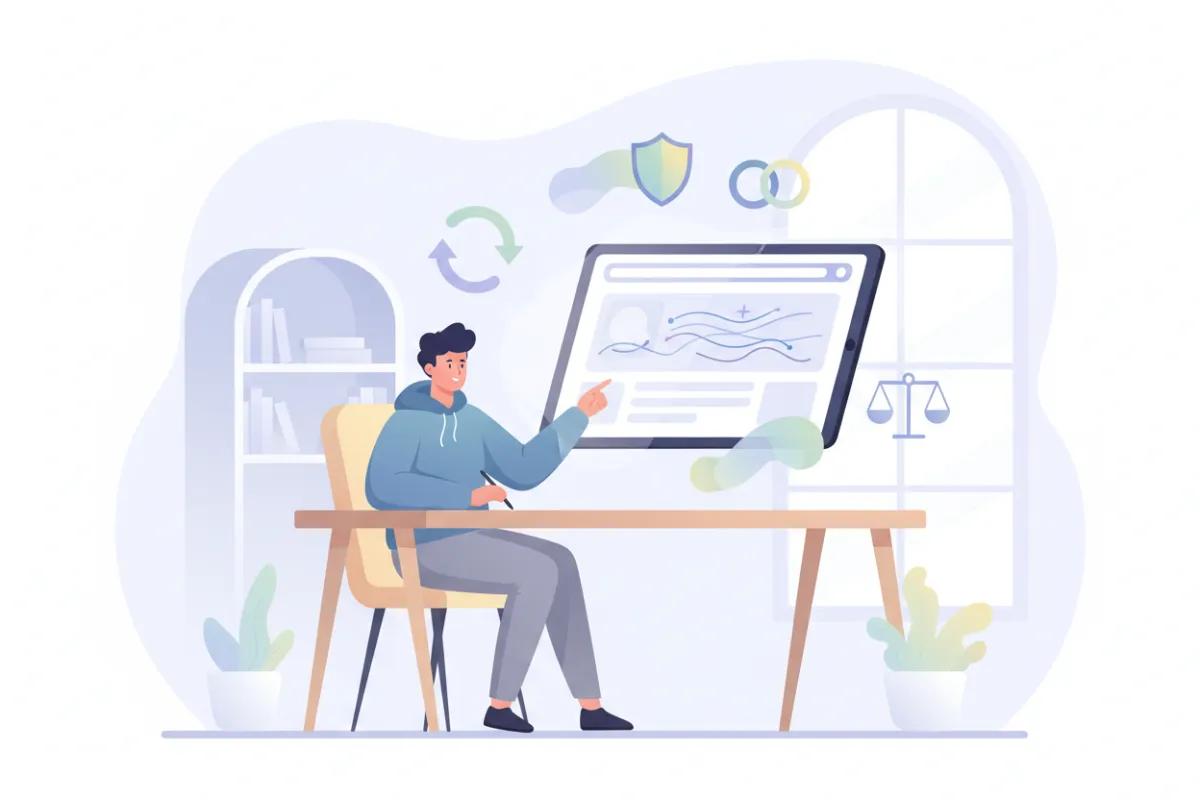 A creative workspace with a tablet displaying a website, surrounded by copyright and legal symbols. The scene includes a young professional referencing digital content, highlighting responsible and legal use of online materials.