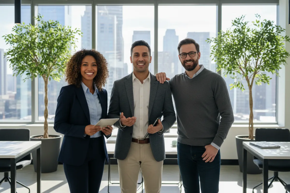 A diverse team of three real estate professionalsāone woman and two menāstand together in a bright, modern office. They are smiling, dressed in business casual, and appear approachable and trustworthy. The office features large windows and greenery, creating a welcoming atmosphere.