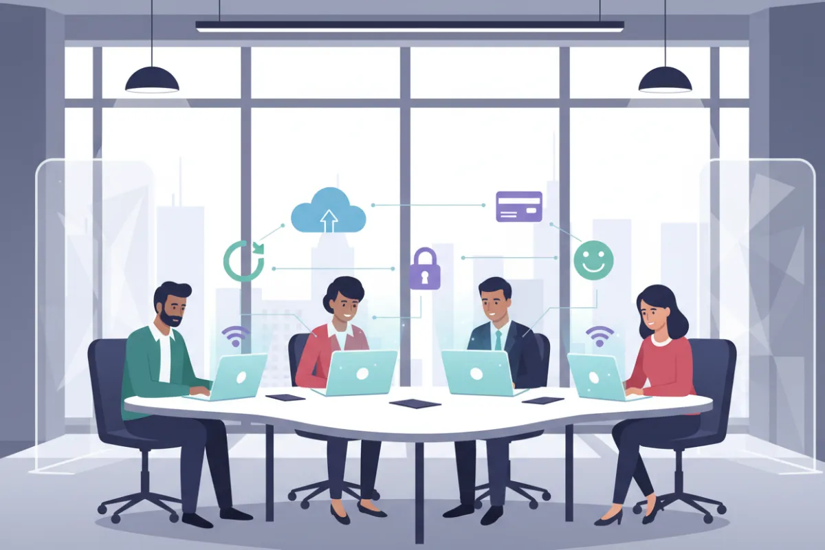 A diverse group of people using laptops and tablets in a modern office, with digital data icons floating above their devices, representing various types of information being collected in a secure, collaborative environment.