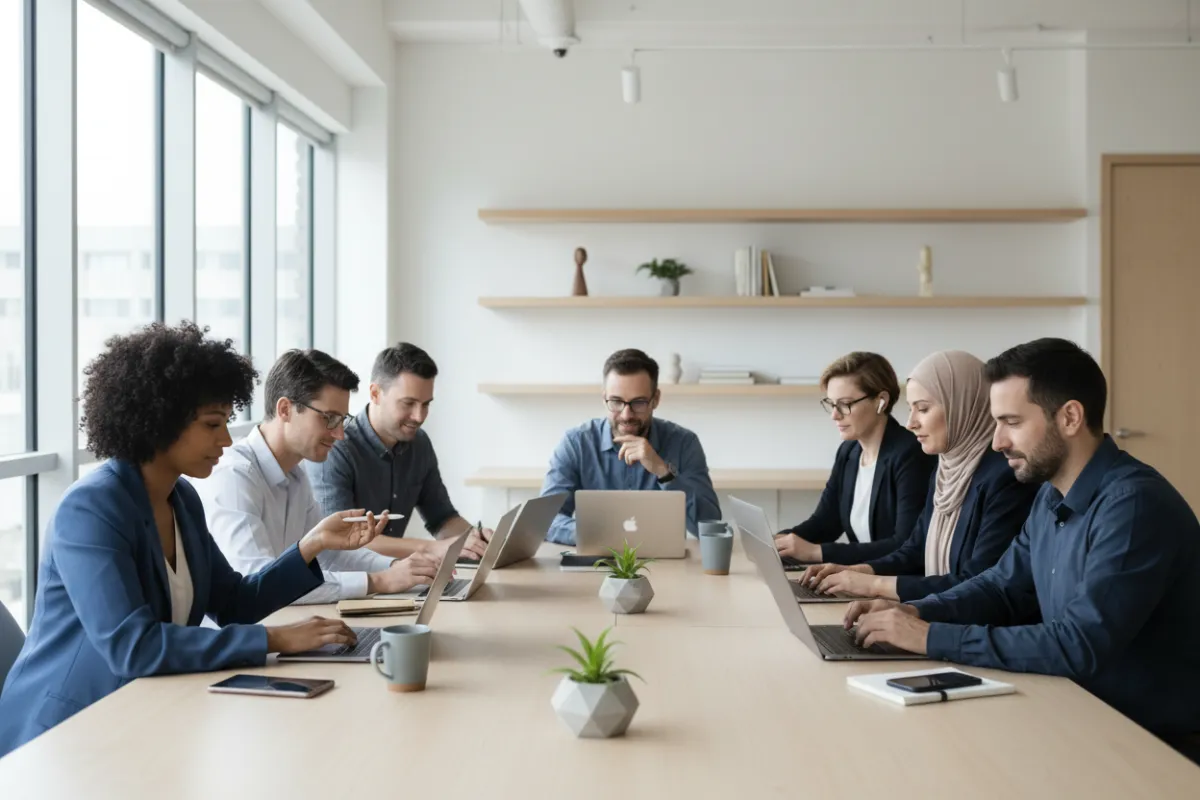 A diverse group of adults in a modern workspace, each focused on their laptops and tablets, demonstrating attentive and respectful online behavior. The background features soft natural light and minimalistic decor, emphasizing professionalism and inclusivity.