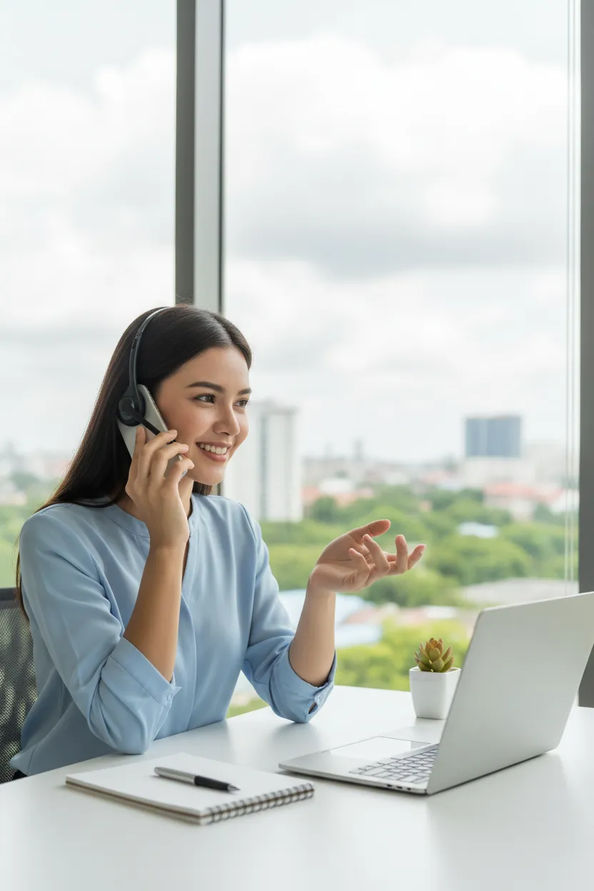 A friendly young woman with a headset sits at a desk, speaking on the phone and smiling. The workspace is neat, with a laptop and notepad, and a window showing a sunny day outside. The image conveys approachability, efficiency, and readiness to help.