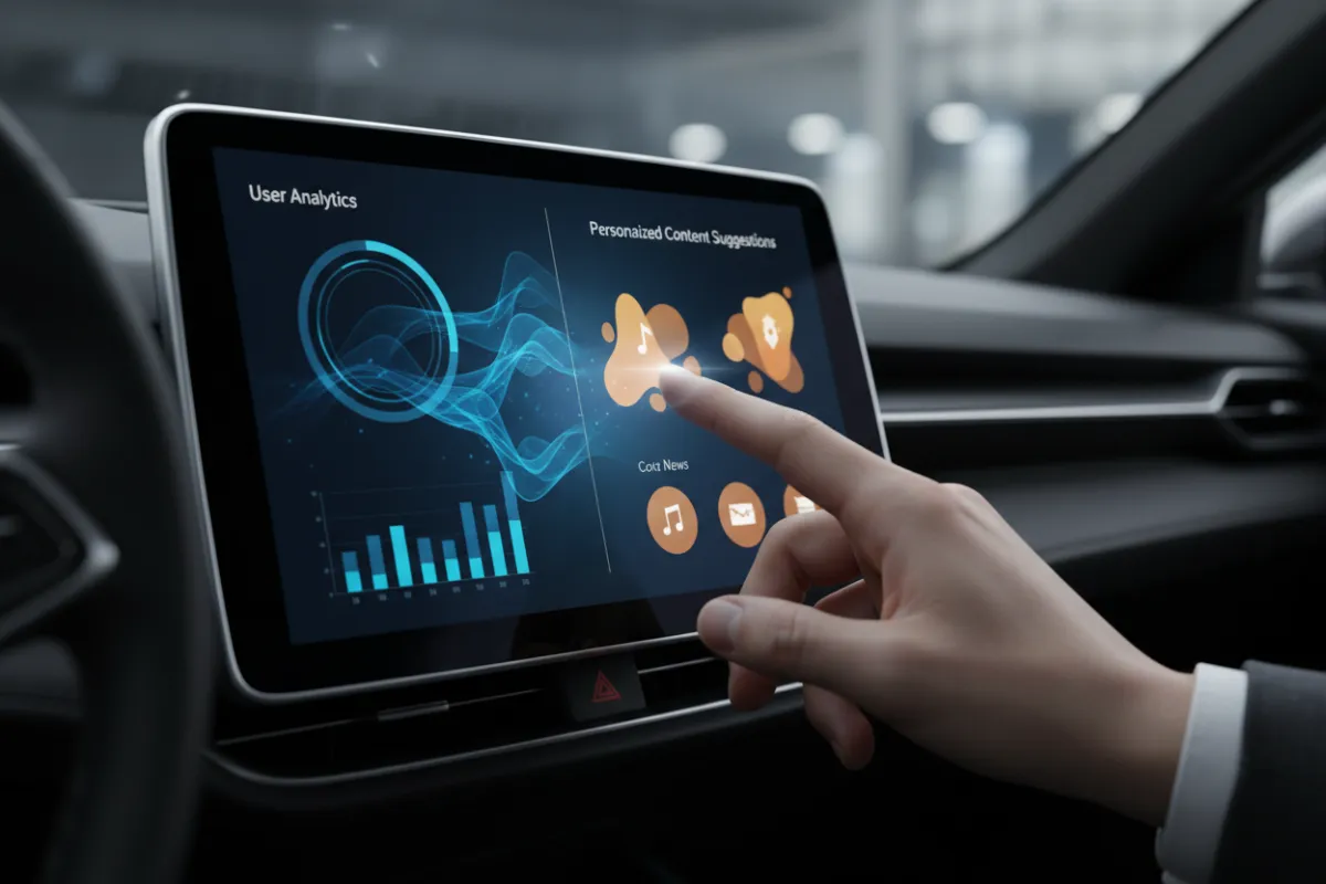 A close-up of a dashboard screen displaying user analytics and personalized content suggestions, with a hand interacting with the interface, symbolizing how collected data is used to enhance user experience.