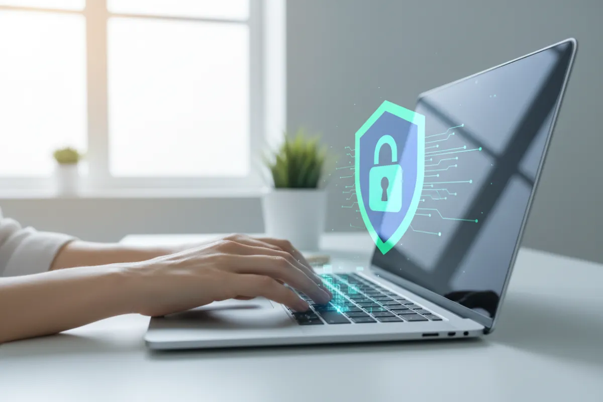 A close-up of hands typing a secure password on a laptop, with a digital lock icon overlay. The setting is a bright, organized home office, and the user is an adult of indeterminate gender, focusing on privacy and security.