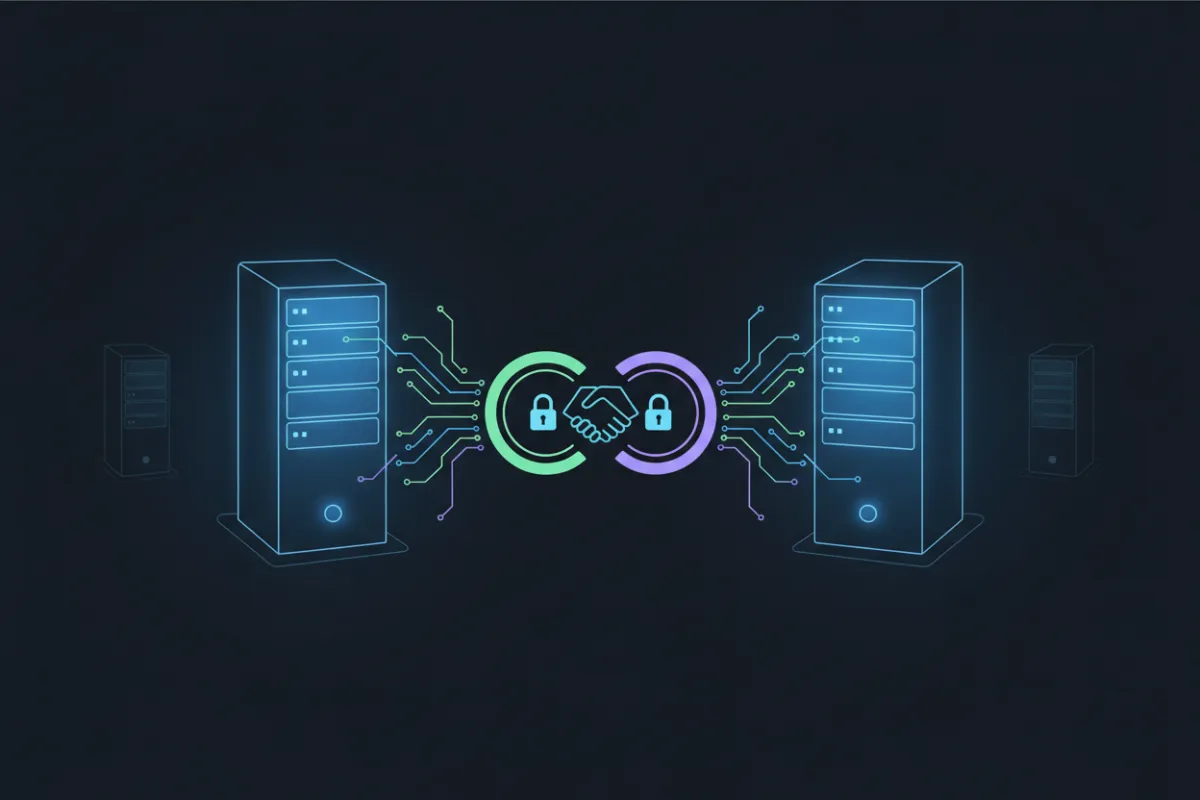 A secure digital handshake between two encrypted servers, with data streams flowing between them, representing the controlled and confidential sharing of user information with trusted partners.