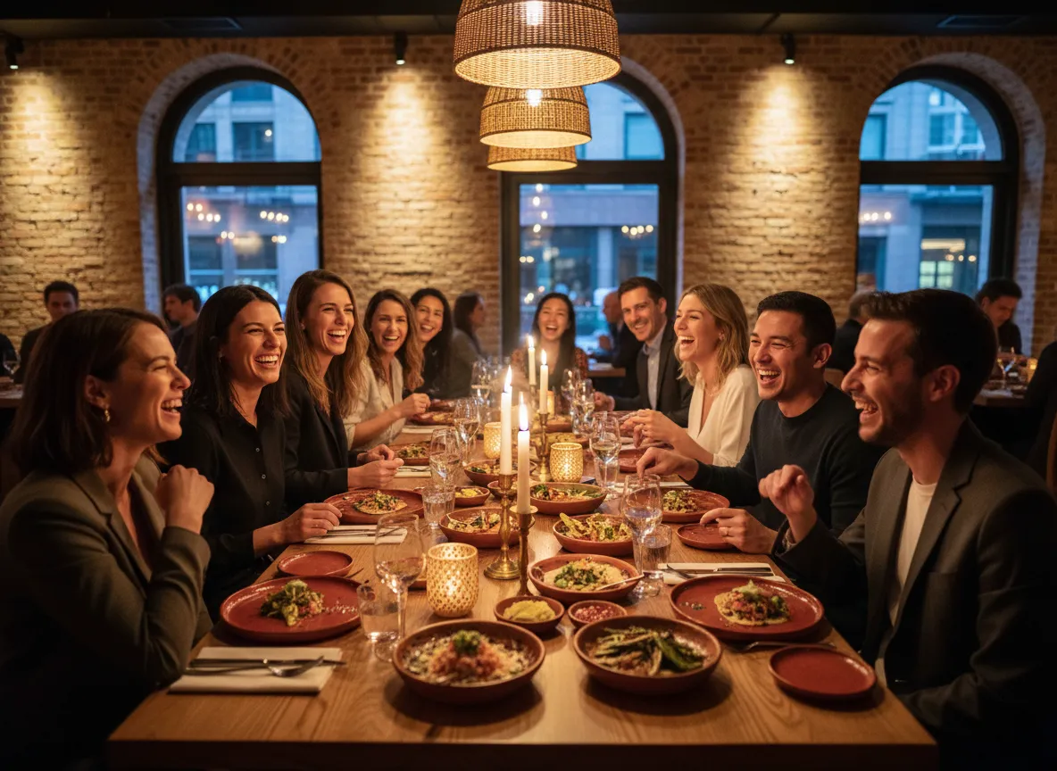 Corporate team enjoying a vibrant dinner celebration at Chicano