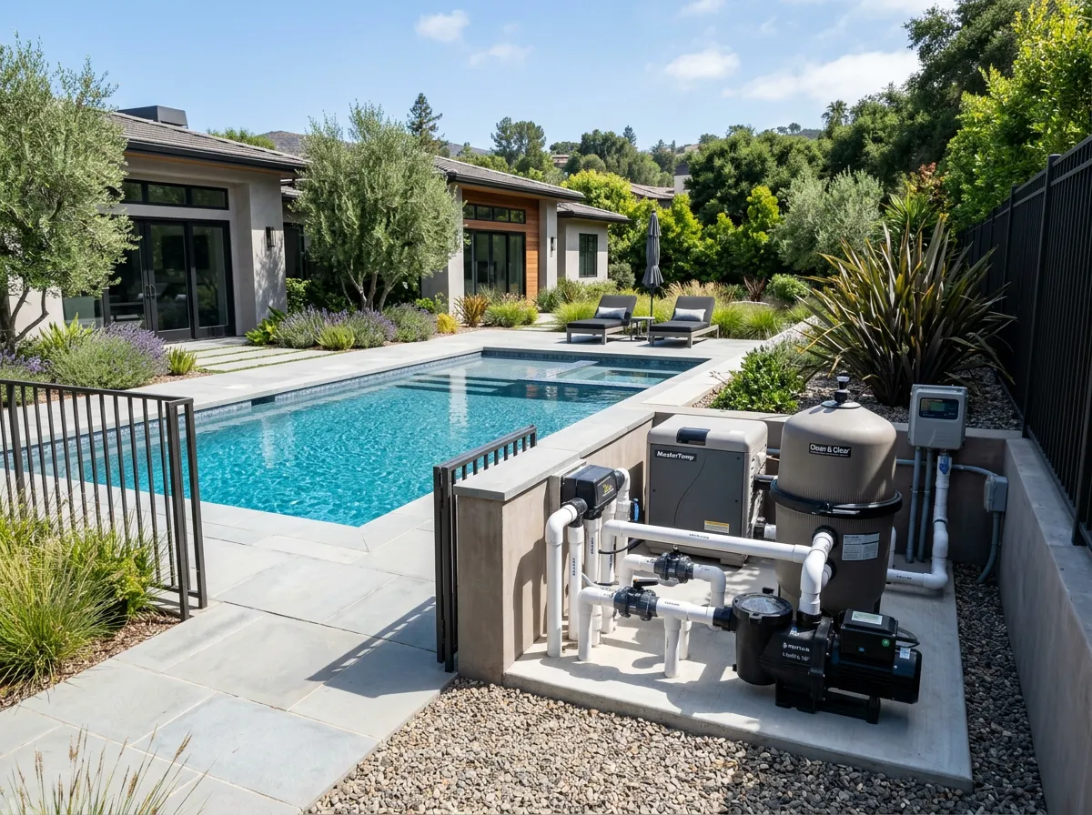 Completed Fusion44X equipment setup beside a residential pool