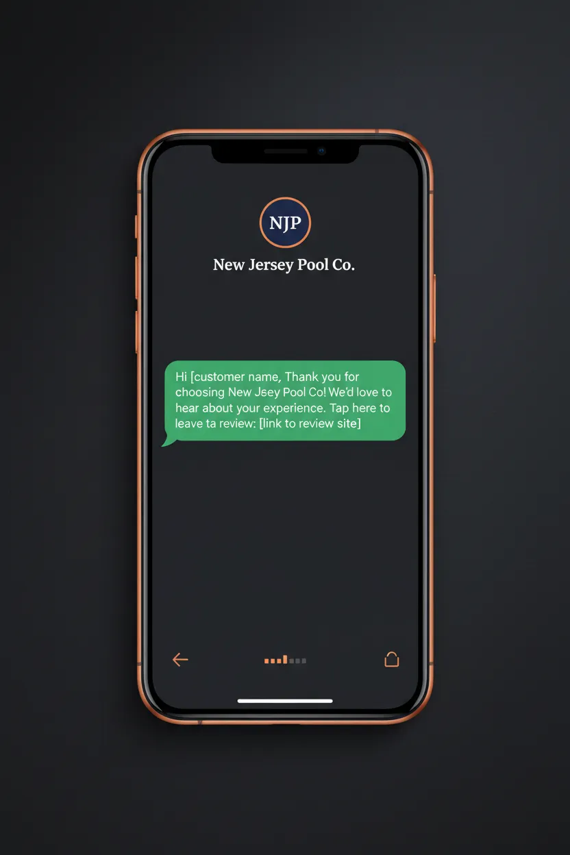 Mobile phone mockup showing a green automated review request SMS from New Jersey Pool Co.