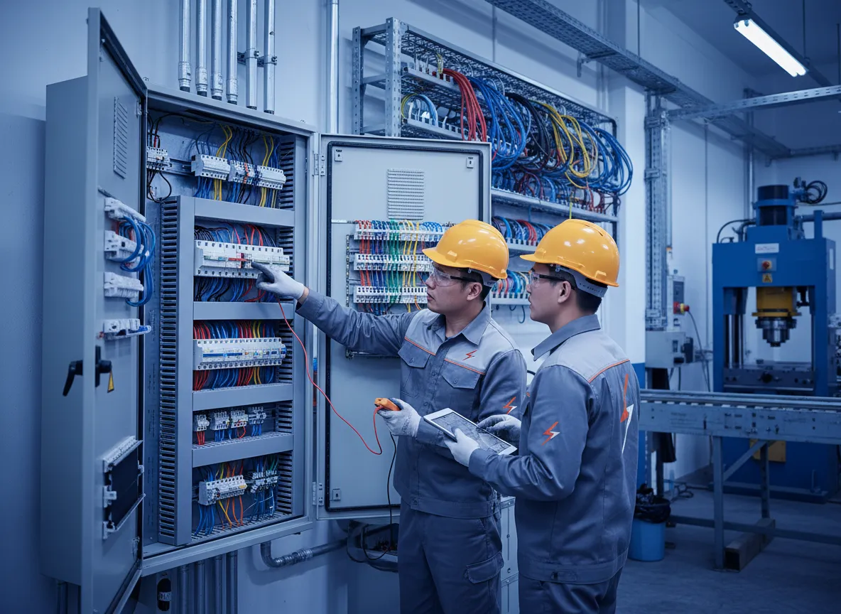 Électriciens commerciaux et industriels travaillant sur un panneau électrique dans une installation industrielle à Montréal