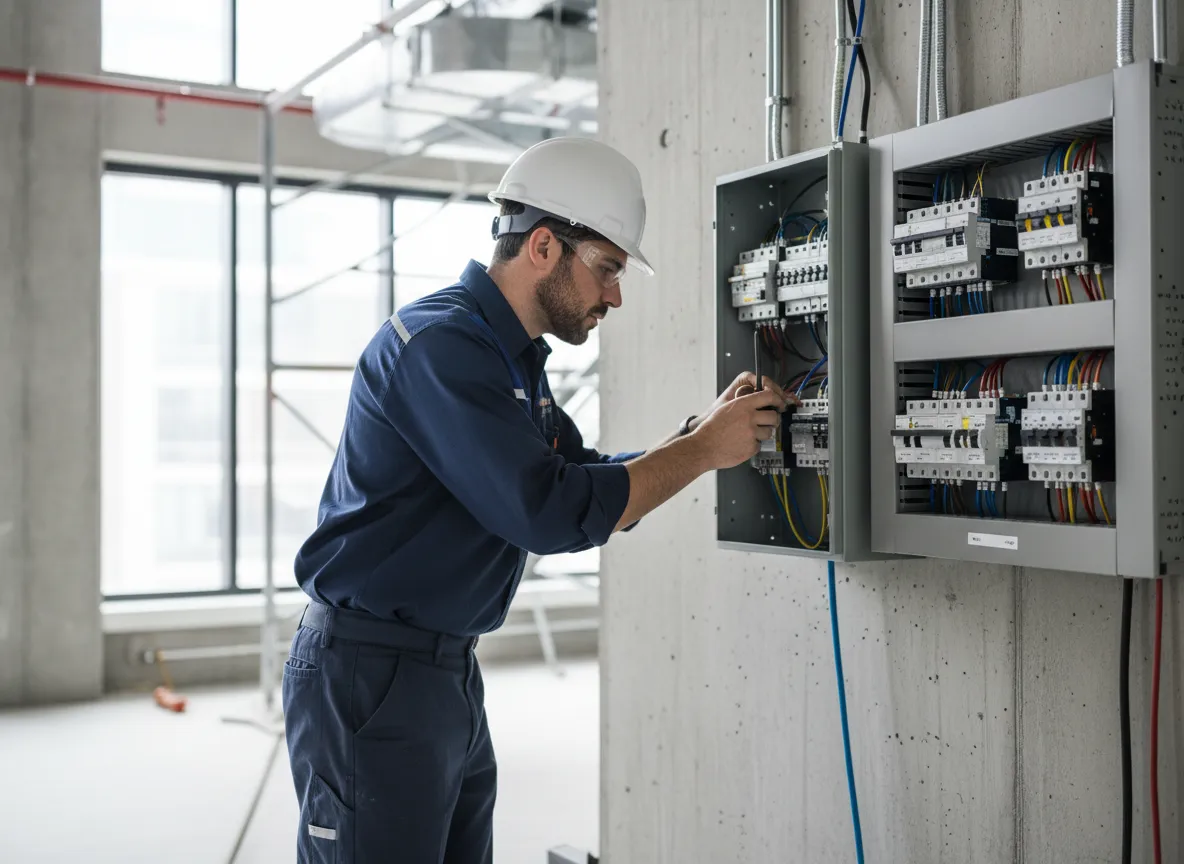 Électricien certifié au travail dans un panneau électrique à Montréal