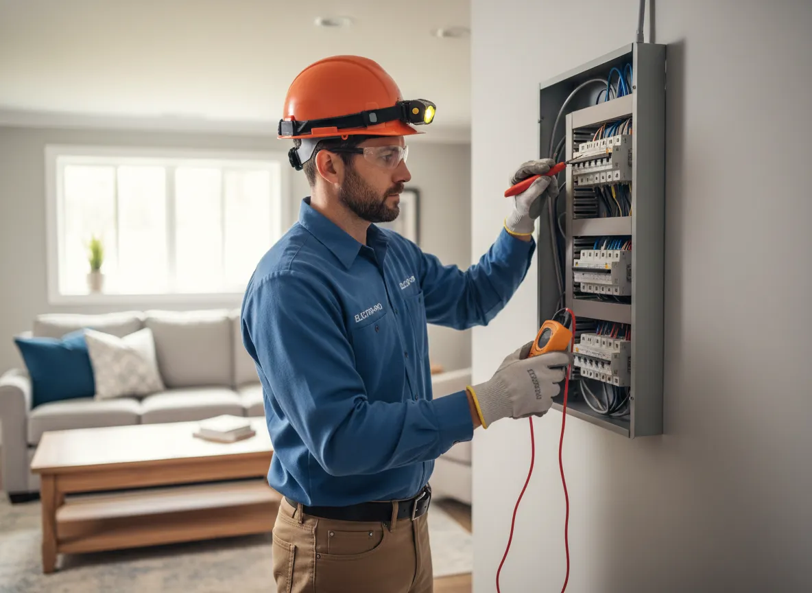 Électricien résidentiel autorisé travaillant en sécurité sur un panneau électrique dans une résidence à Montréal