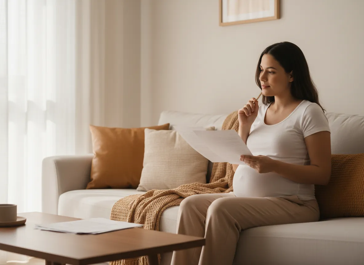Mulher grávida sentada no sofá olhando para documentos com expressão pensativa, mas tranquila.