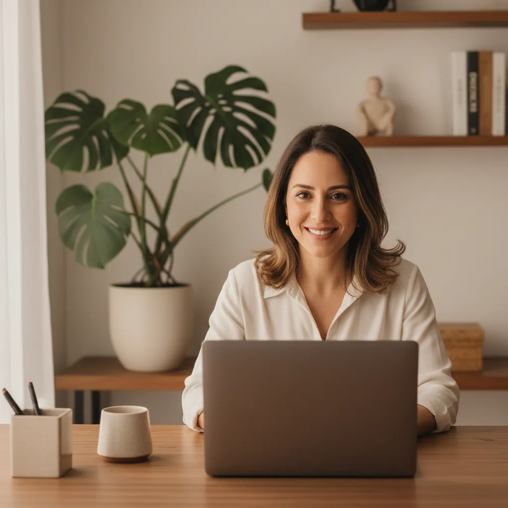 Educadora conversando online com uma mulher grávida pelo computador, em ambiente acolhedor.