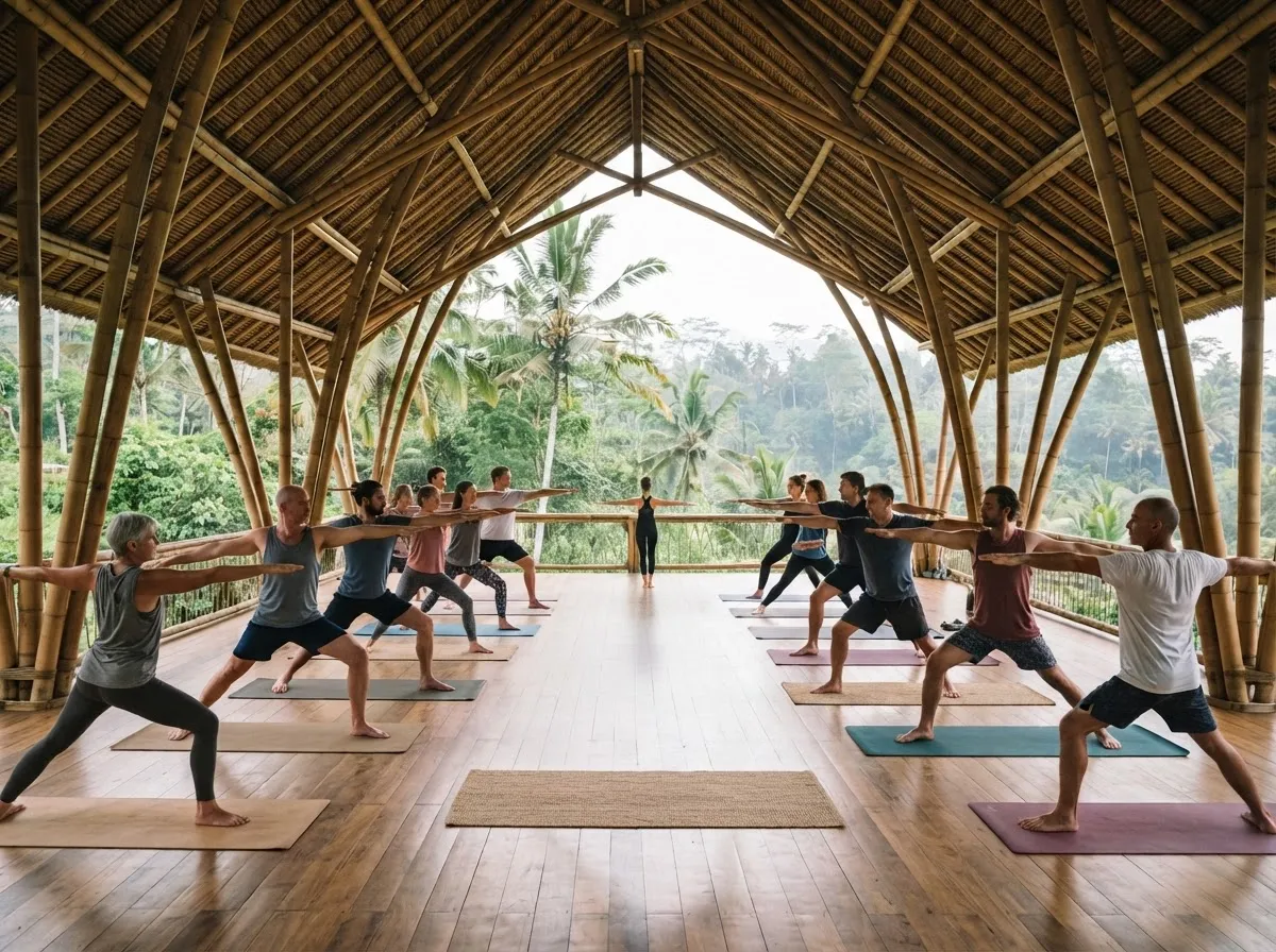 Group of people practicing yoga on mats inside a large open-air bamboo structure