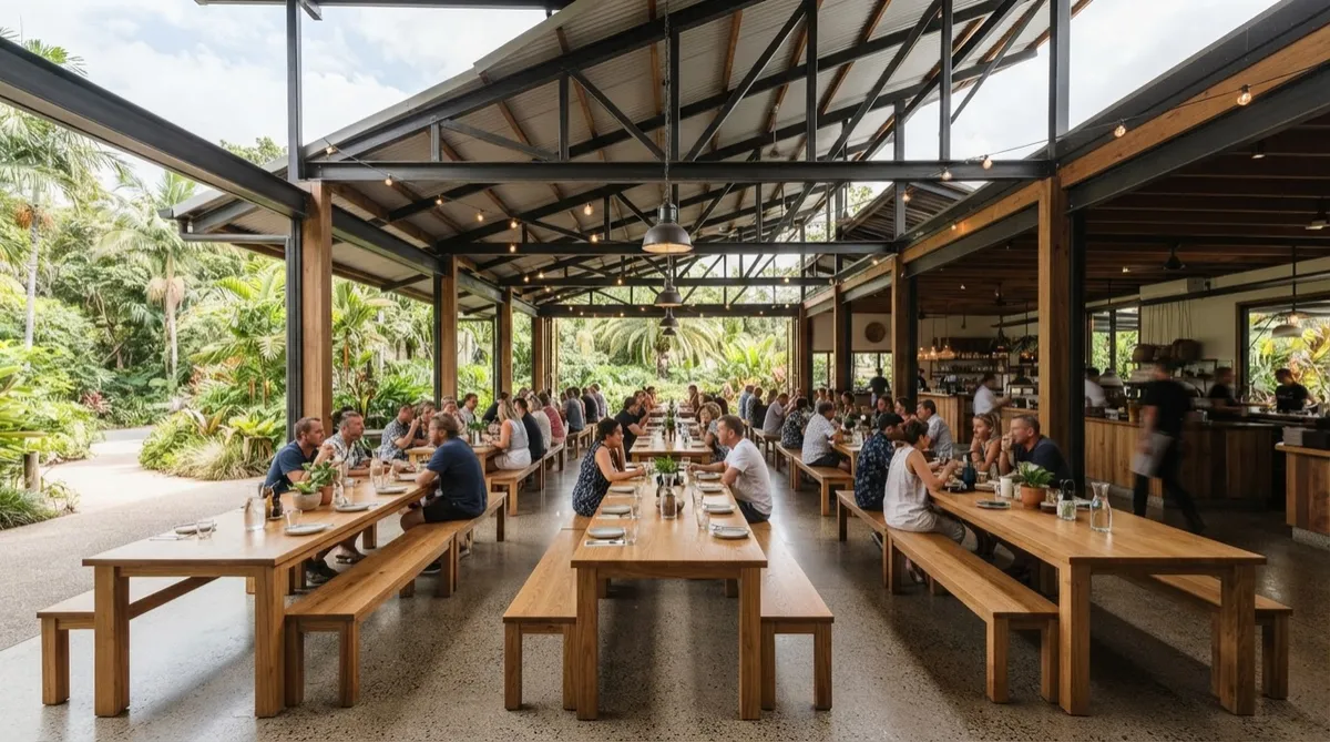 Interior view of an open-air dining or gathering hall with long wooden tables under a metal roof structure