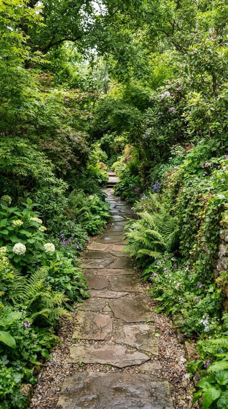 Tall vertical shot of a lush green garden pathway surrounded by dense foliage