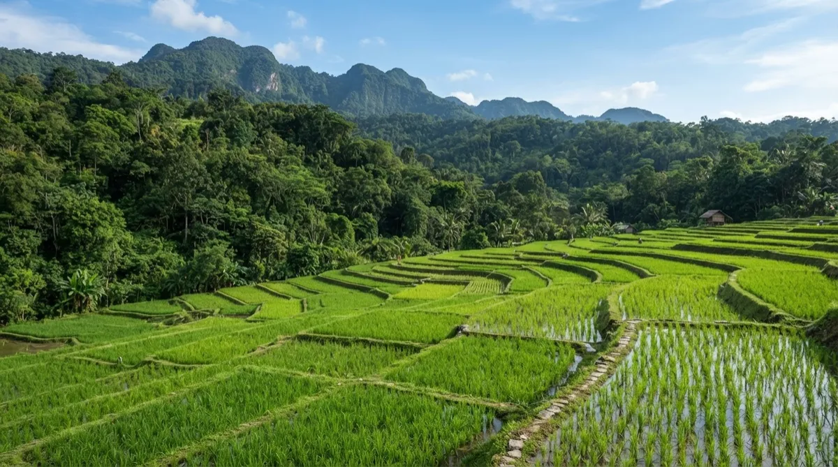 Wide shot of a bright green rice paddy field next to a forest