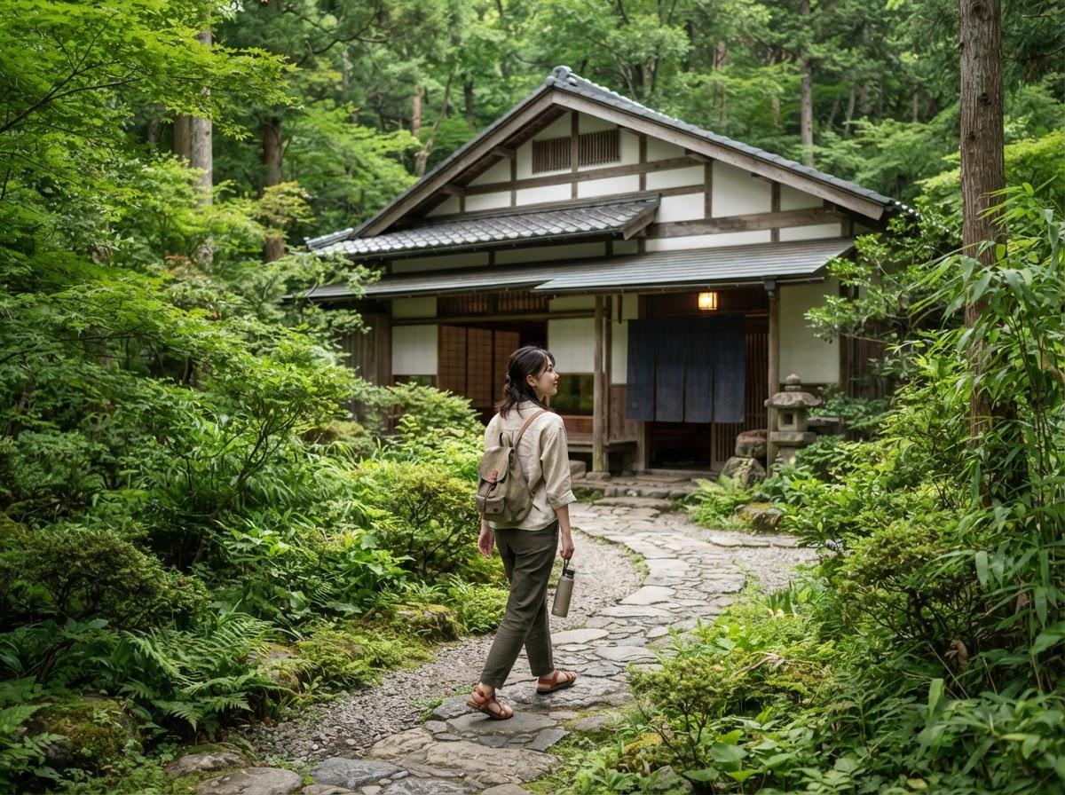 A woman walking towards a traditional wooden house with a tiled roof surrounded by green trees