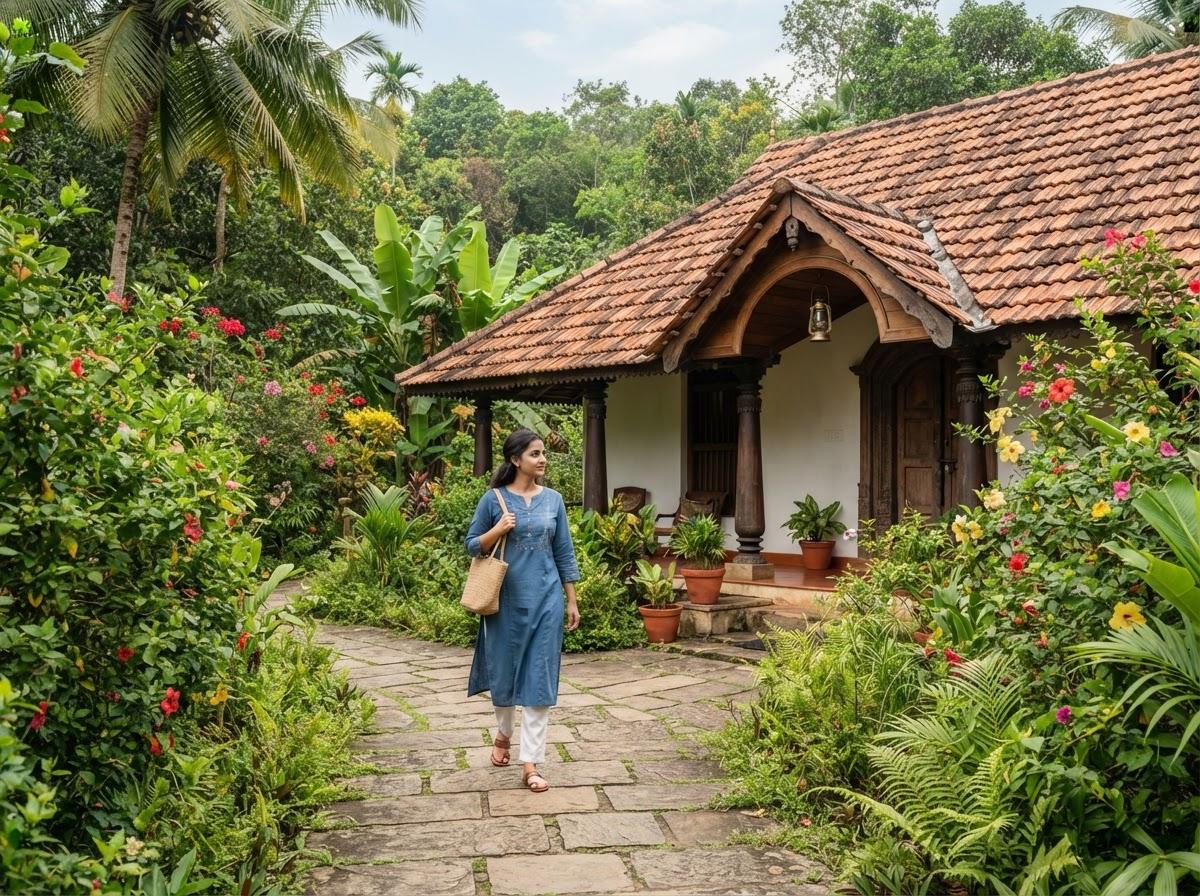 A person walking towards a traditional Indian building with a tiled roof, surrounded by lush green foliage.