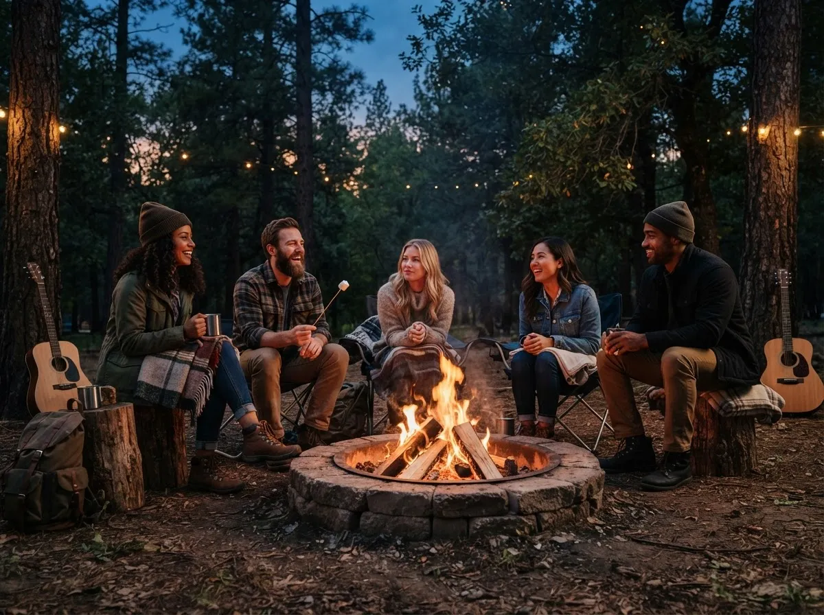 People sitting around a warm glowing campfire at dusk in a forested area