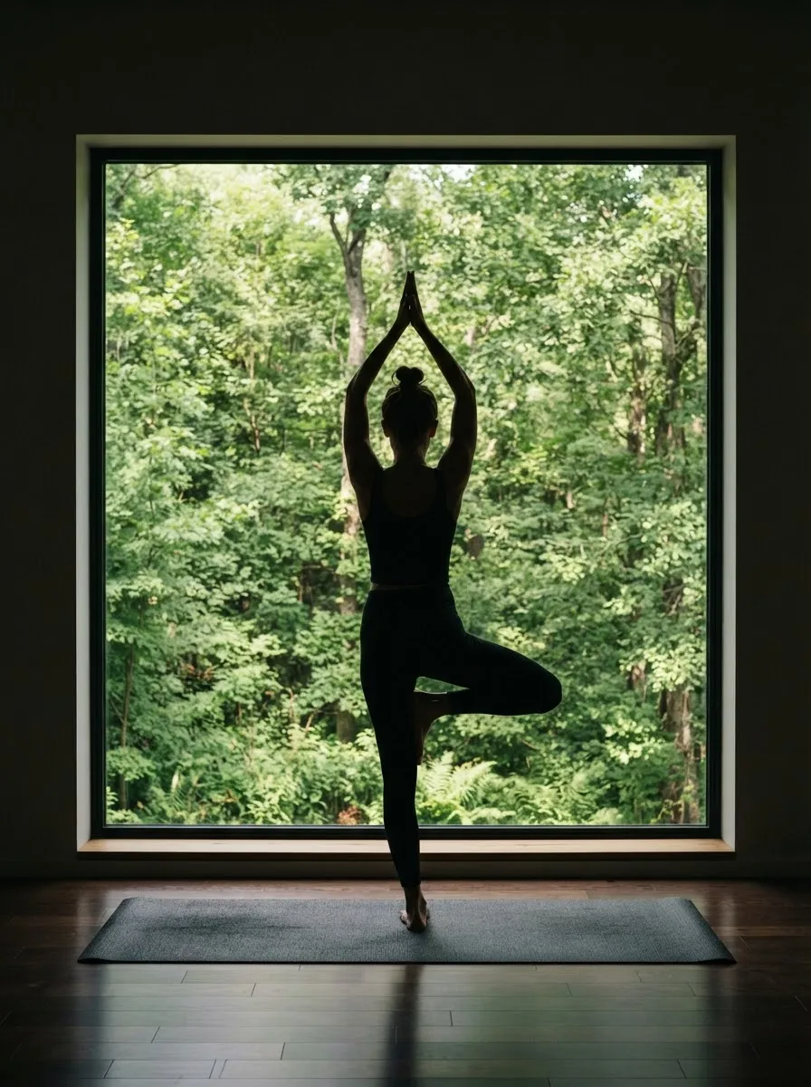 Silhouette of a person performing a tree pose in yoga, framed by a window overlooking lush green trees