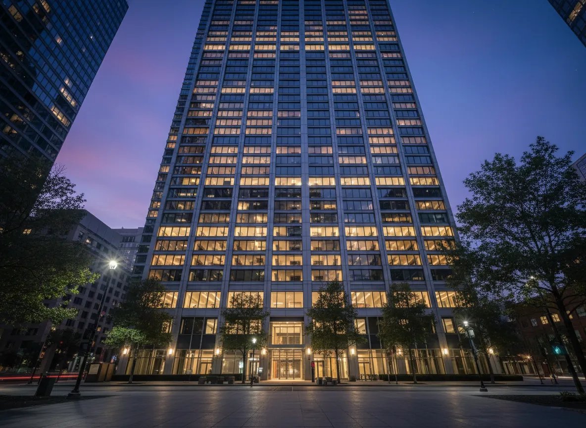 High-rise luxury apartment tower at dusk