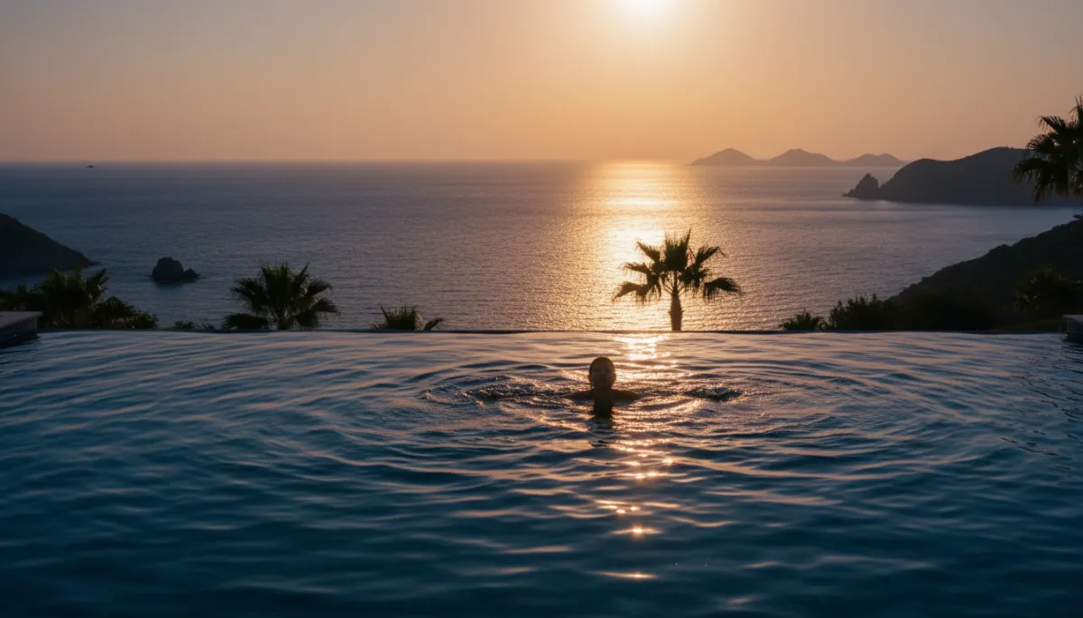 Woman swimming in a pool overlooking the sea