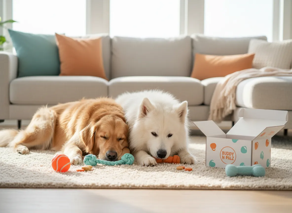 Two happy dogs named Buddy and Bear playing with toys from Buddy N Palz