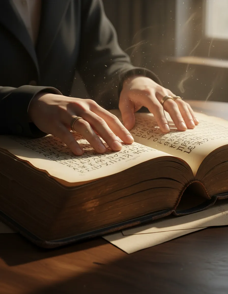 Hands resting on an open text