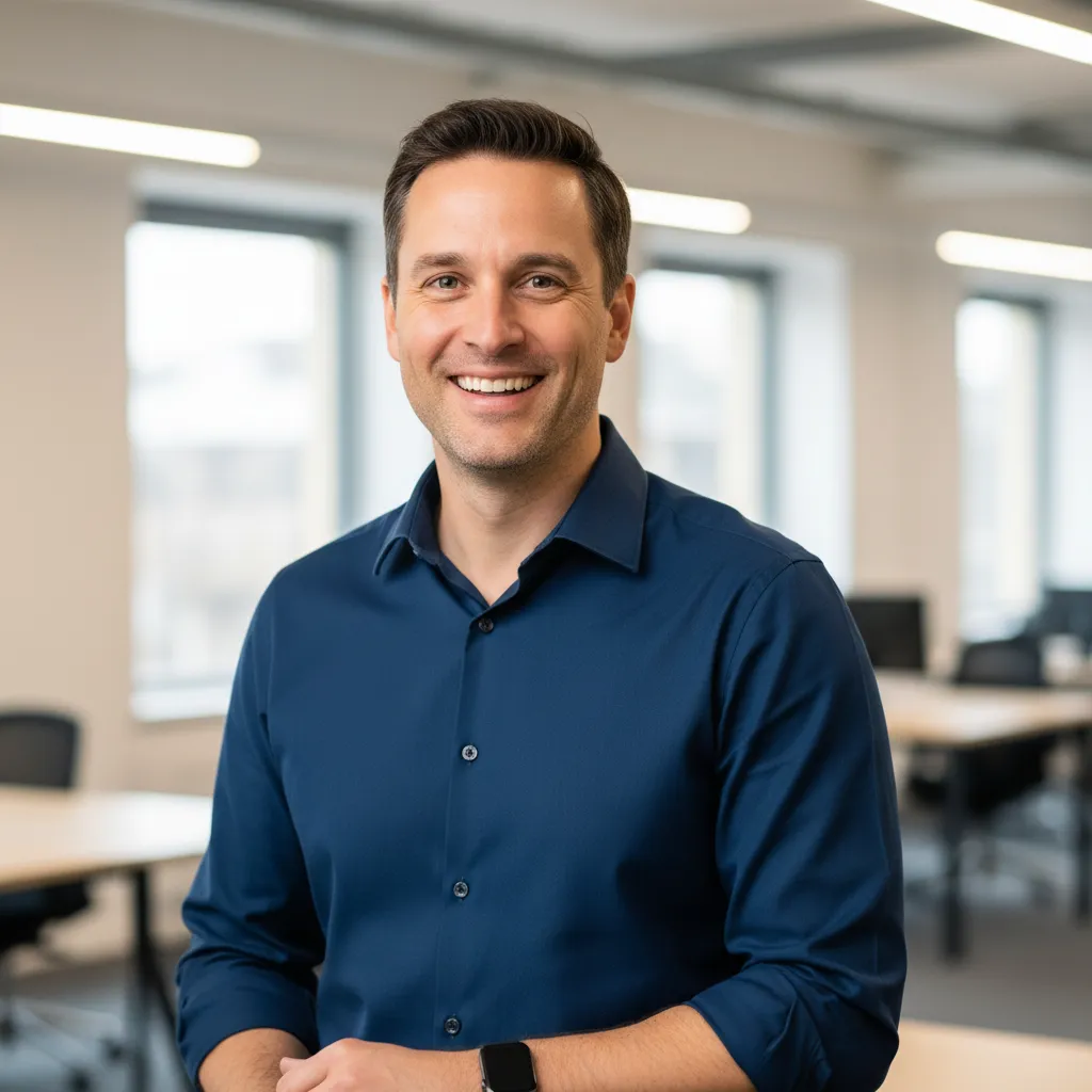 Avatar: Early 40s male operations lead, candid smile, office blur background, photorealistic, natural lighting to show practical results from NebulaCraft training.