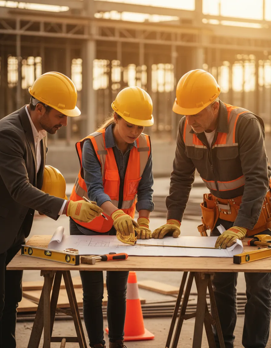 Construction professionals reviewing plans on site