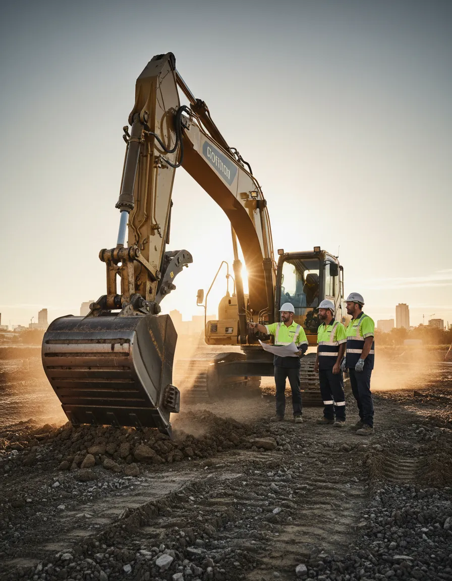 Heavy excavator and professional construction crew preparing a site