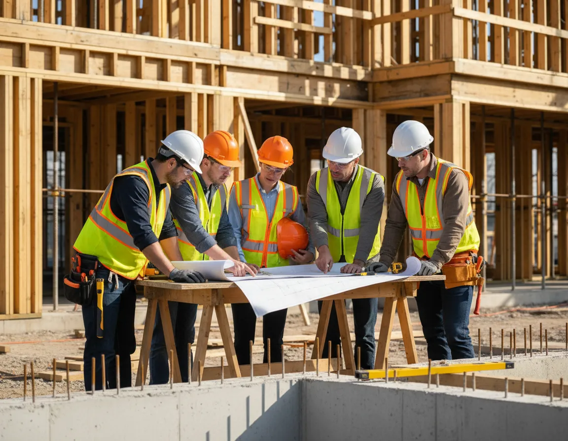 Construction team discussing blueprints on site