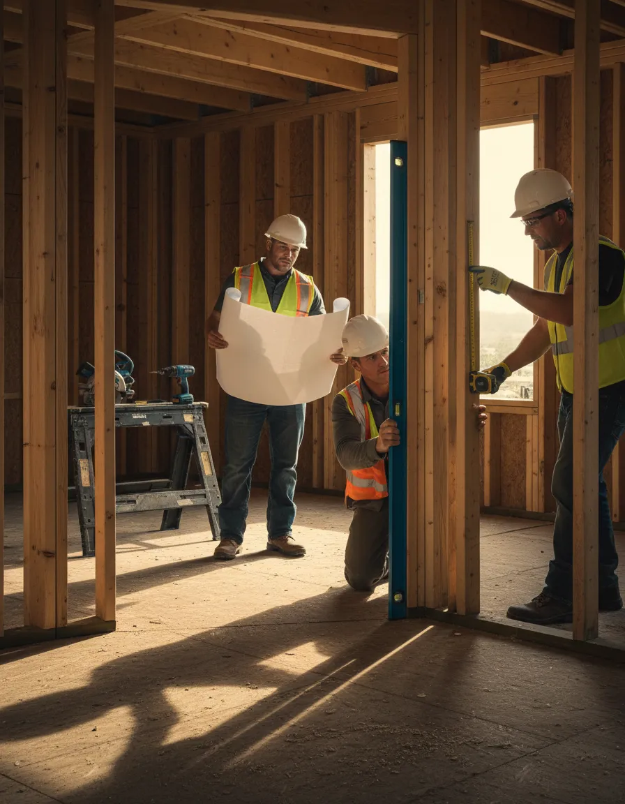 Construction crew inspecting wall framing standards