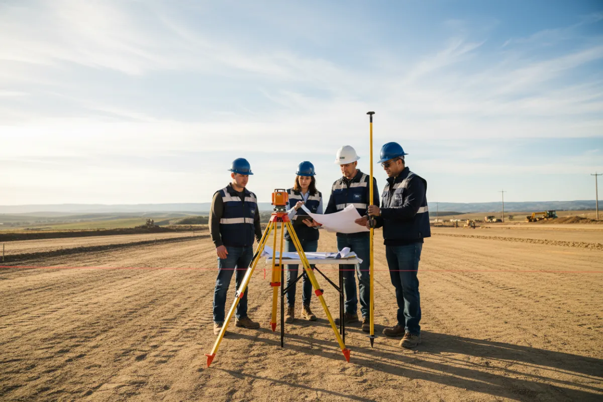 Field crew reviewing completed site grading work and plans
